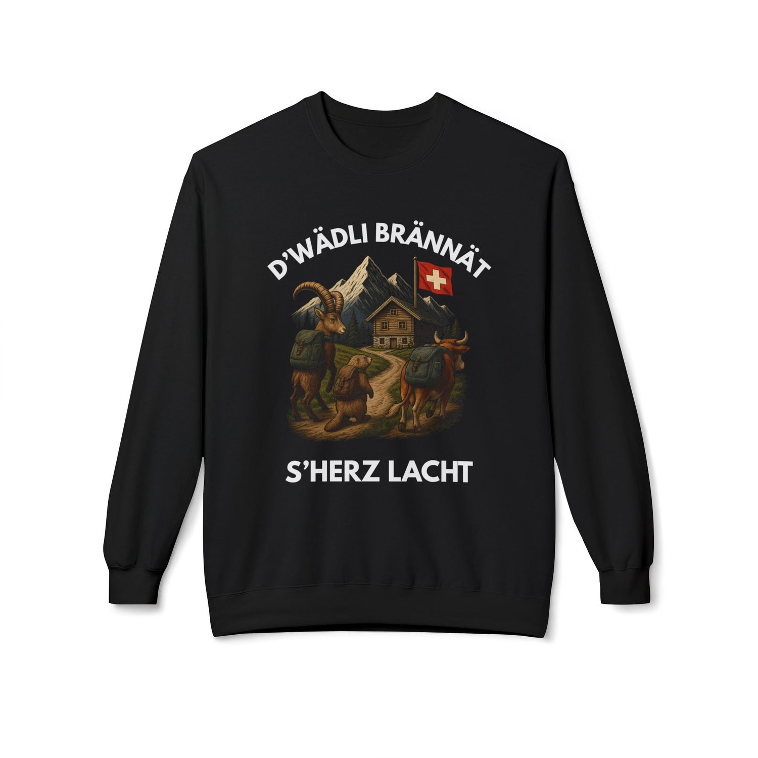 Berg Sweatshirt - D'WÄDLI BRÄNNÄT, S'HERZ LACHT